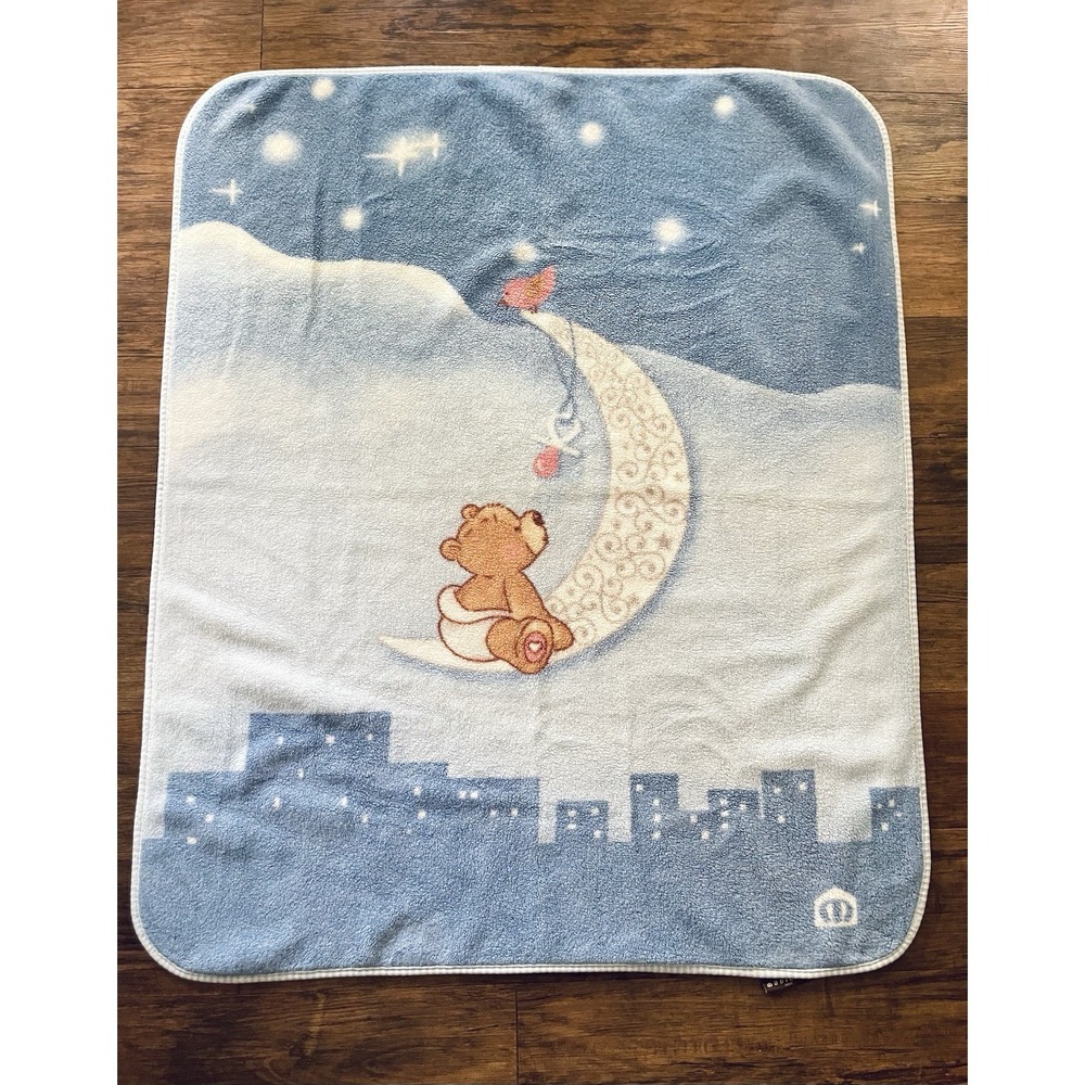 VTG Manterol Plush Baby Blanket Bear Moon Night Sky Blue 26X20 Nursery Bedding
